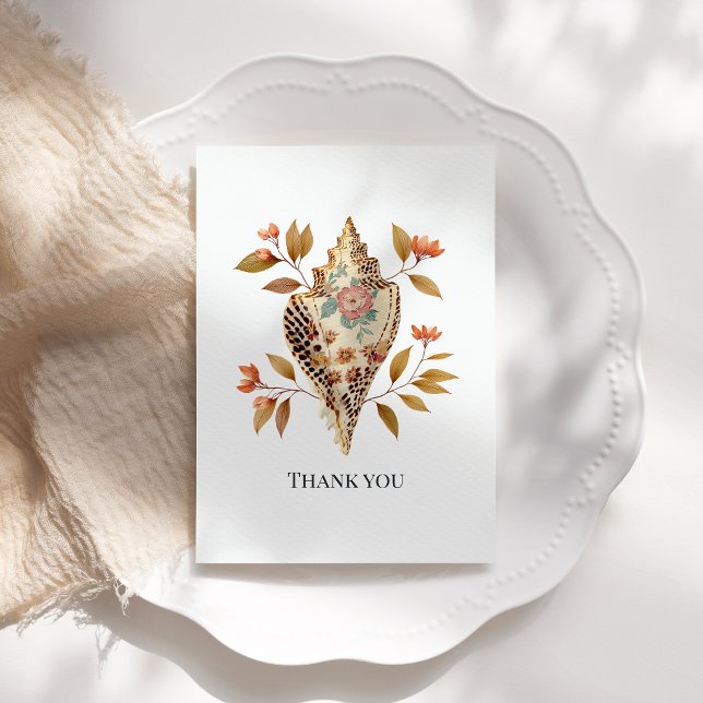 Tarjeta De Agradecimiento Floral Seashell Coastal Nautical Beach Wedding (Floral Seashell Coastal Nautical Beach Wedding Thank You Card)