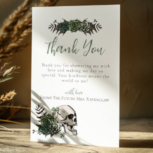 Tarjeta De Agradecimiento Floral Skull Green Rosas Gothic Bridal Shower