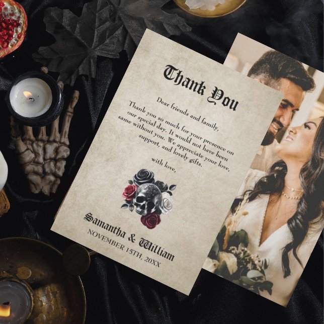 Tarjeta De Agradecimiento Floral Skull Rustic Photo Halloween Boda (Subido por el creador)