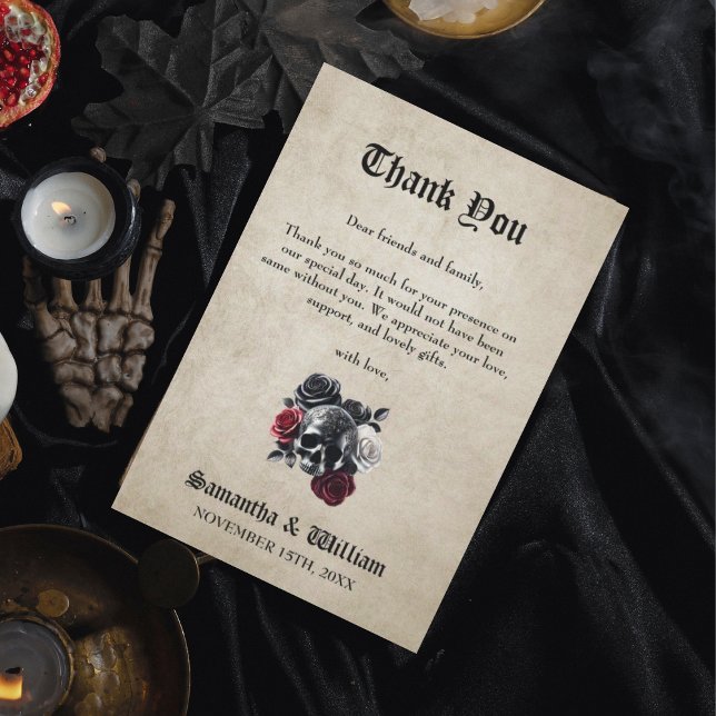 Tarjeta De Agradecimiento Floral Skull Rústico Elegante Boda de Halloween (Subido por el creador)