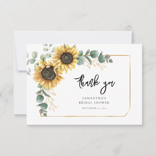 Tarjeta De Agradecimiento Floral Sunflower Eucalyptus Greenery Bridal Shower (Anverso)