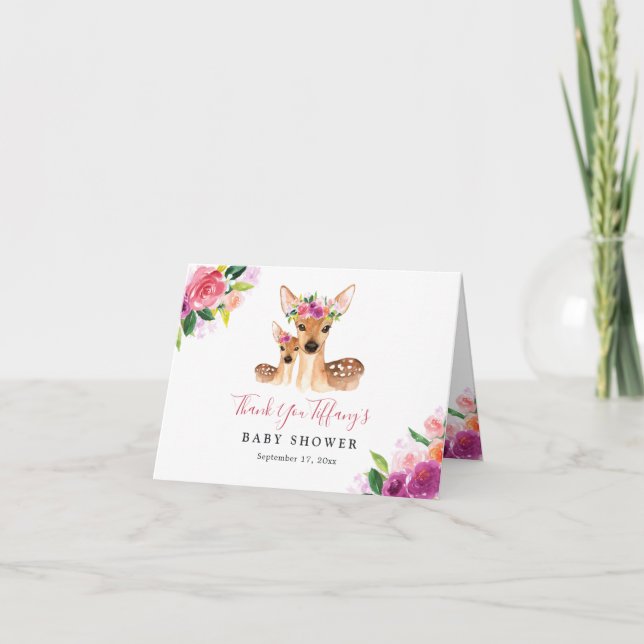 Tarjeta De Agradecimiento Floral Sweet Deer Mom Y Baby Baby Shower (Anverso)