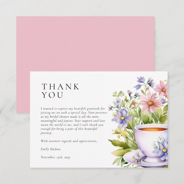 Tarjeta De Agradecimiento Floral Tea Fiesta Bridal Shower (Anverso / Reverso)