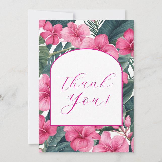 Tarjeta De Agradecimiento Floral Tropical de Vacaciones Rosa (Anverso)