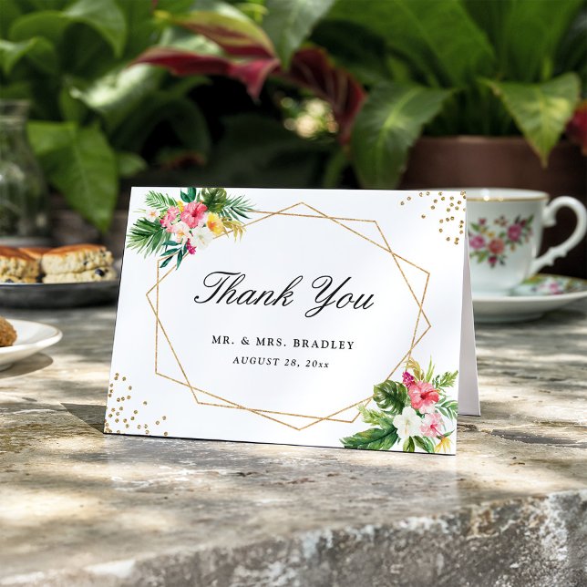 Tarjeta De Agradecimiento Floral tropical deja marco dorado gracias (Subido por el creador)