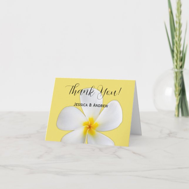 Tarjeta De Agradecimiento Floral tropical, Plumeria blanca en amarillo, Boda (Anverso)
