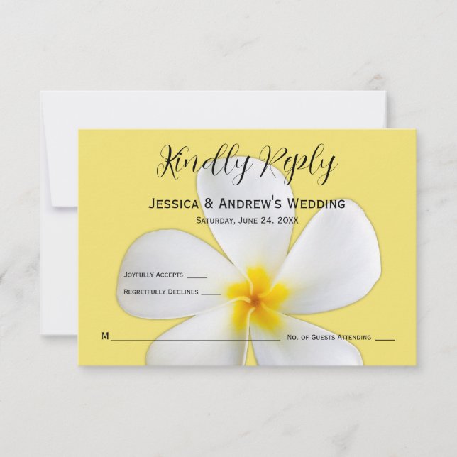 Tarjeta De Agradecimiento Floral tropical, Plumeria blanca en amarillo, RSVP (Anverso)