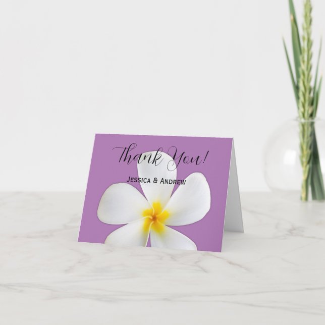 Tarjeta De Agradecimiento Floral tropical, Plumeria blanca, Lavanda, Boda (Anverso)
