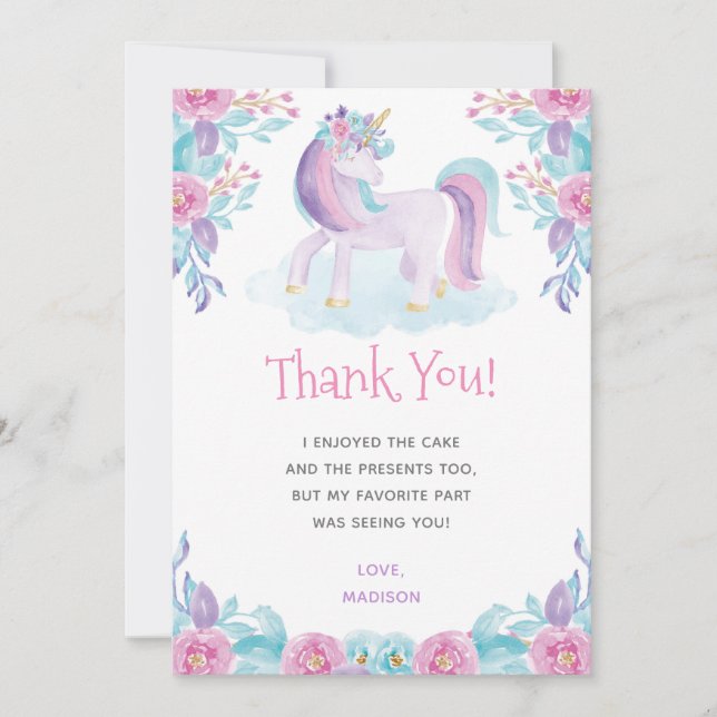 Tarjeta de agradecimiento floral unicornio (Anverso)