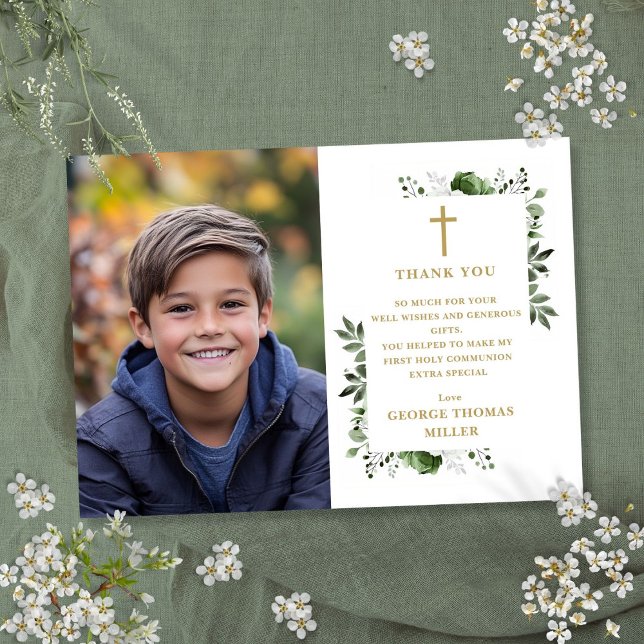 Tarjeta De Agradecimiento Floral verde oliva primera comunión sagrada (Olive Green Floral Photo First Holy Communion Thank You Card)