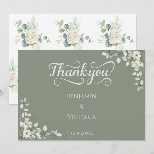 Tarjeta De Agradecimiento Floral Verde Salvia (Anverso / Reverso)