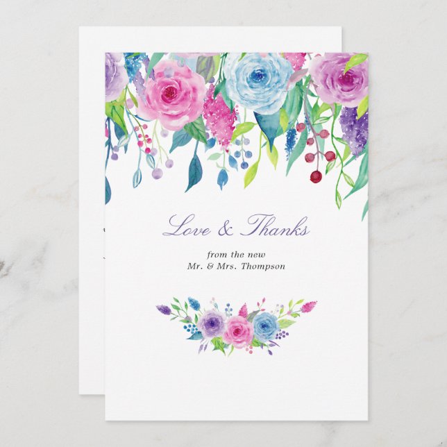 Tarjeta de agradecimiento floral violeta ultra (Anverso / Reverso)