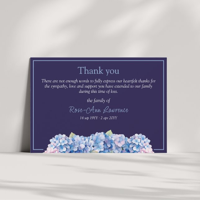 Tarjeta De Agradecimiento Floral watercolor blue hydrangea funeral (Subido por el creador)