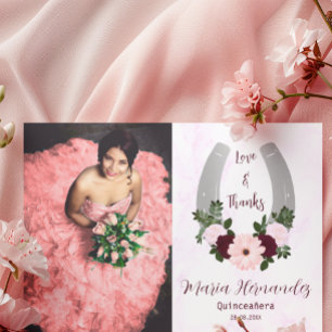 Tarjeta De Agradecimiento Floral Western Horseshoe Quinceanera