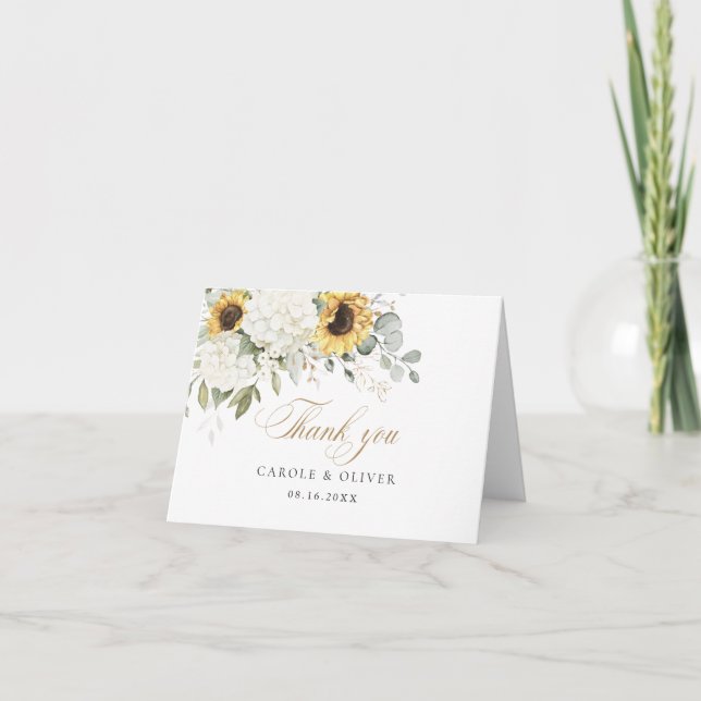 Tarjeta De Agradecimiento Floral White Hydrangea Sunflowers Boda de la veget (Anverso)