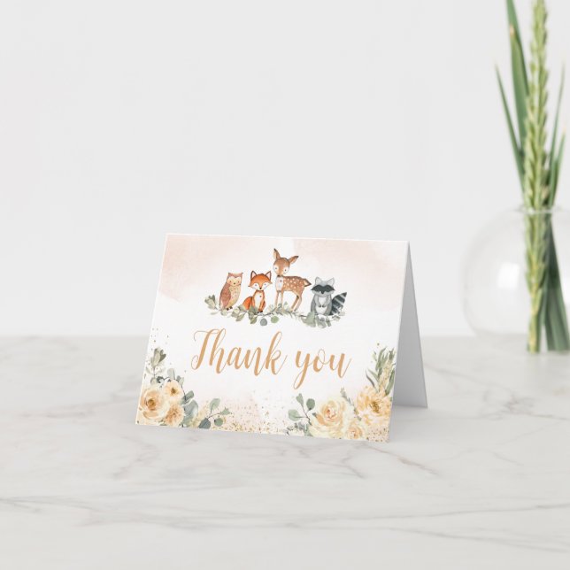 Tarjeta De Agradecimiento Floral Woodland Animals Baby Shower (Anverso)