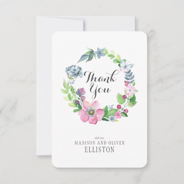 Tarjeta De Agradecimiento Floral y mariposa de color de agua Boho | Gracias (Anverso)