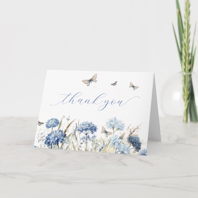 Tarjeta De Agradecimiento Florales Azules y Mariposas Caligrafía Gracias  (Anverso)