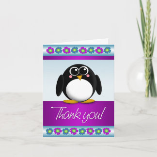 Tarjeta De Agradecimiento Florales coloridos del pingüino lindo le agradecen