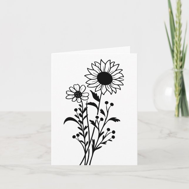 Tarjeta De Agradecimiento Florales girasoles Black White Love Pensando en ti (Anverso)