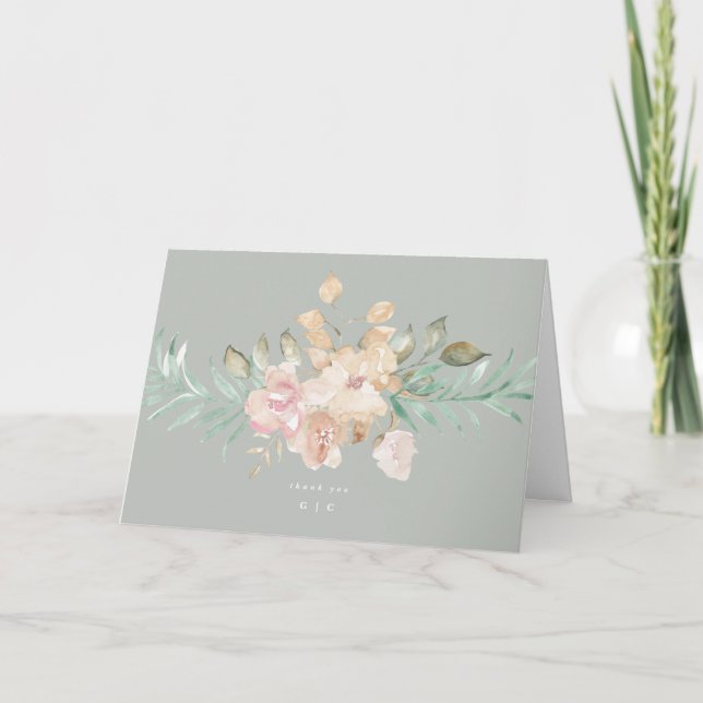 Tarjeta De Agradecimiento Floras de acuarela rústica en Boda verde sabio (Anverso)