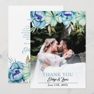 Tarjeta De Agradecimiento Flores acuarela azul, verde menta, boda floral