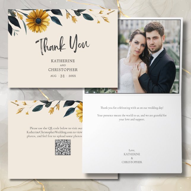 Tarjeta De Agradecimiento Flores acuáticas silvestres elegante foto de Boda  (Watercolor Wildflowers Elegant Wedding Photo Thank You Card with Blue & Yellow Wildflowers, QR Code.)