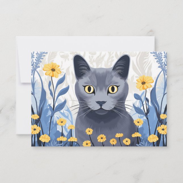 Tarjeta De Agradecimiento Flores amarillas de gato azul ruso (Anverso)