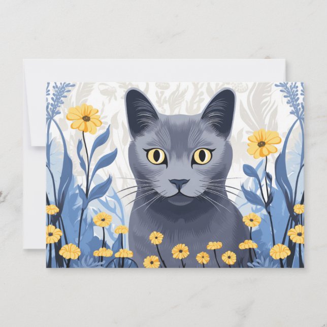 Tarjeta De Agradecimiento Flores amarillas de gato azul ruso (Anverso)