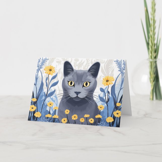 Tarjeta De Agradecimiento Flores amarillas de gato azul ruso (Anverso)