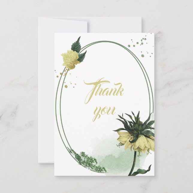 Tarjeta De Agradecimiento flores amarillas hojas verdes geométrico (Anverso)