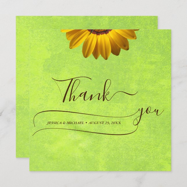 Tarjeta De Agradecimiento Flores amarillas sobre el Boda Verde abstracto (Anverso / Reverso)