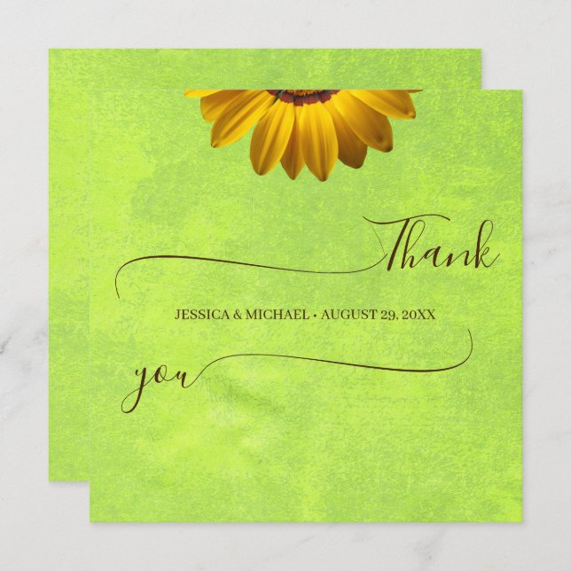 Tarjeta De Agradecimiento Flores amarillas sobre el Boda Verde abstracto (Anverso / Reverso)