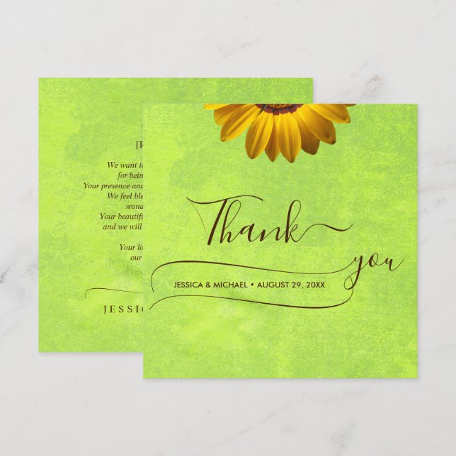 Tarjeta De Agradecimiento Flores amarillas sobre el Boda Verde abstracto (Anverso / Reverso)