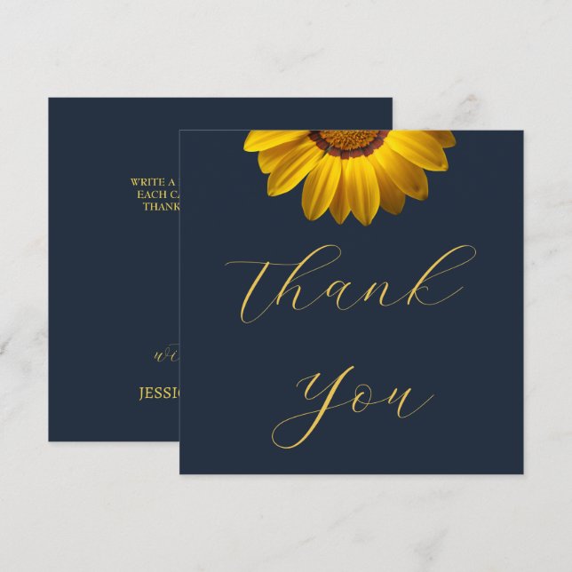 Tarjeta De Agradecimiento Flores Amarillas sobre fondo Azul Marino Monograma (Anverso / Reverso)