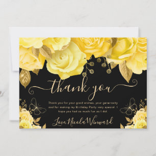 Tarjeta De Agradecimiento Flores Amarillas y Doradas de Acuarela Cumpleaños
