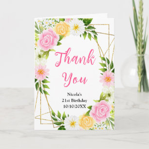 Tarjeta De Agradecimiento Flores Amarillas y Rosadas de Cumpleaños de Verano