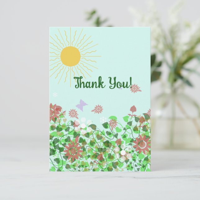 Tarjeta De Agradecimiento Flores Amarillo Sol Morado Mariposas (Anverso de pie)