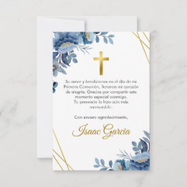 Tarjeta De Agradecimiento Flores azul acuarela Primera comunión