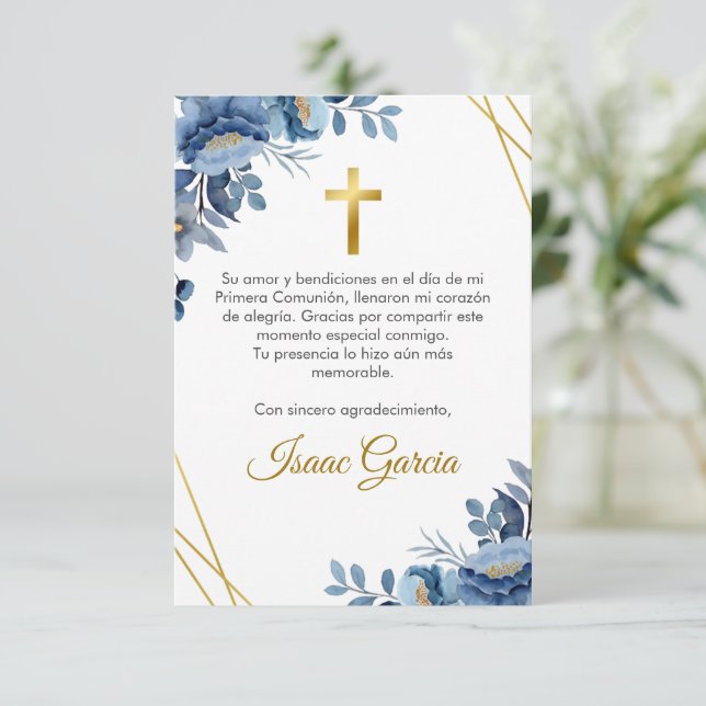 Tarjeta De Agradecimiento Flores azul acuarela Primera comunión (Anverso de pie)
