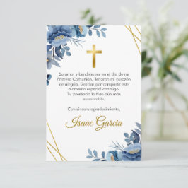 Tarjeta De Agradecimiento Flores azul acuarela Primera comunión