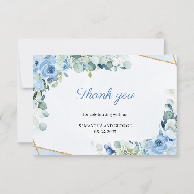Tarjeta De Agradecimiento Flores azul claro Boda geométrico de oro falso (Anverso)