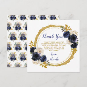 Tarjeta De Agradecimiento Flores azul marino y oro elegantes cumpleaños