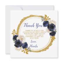 Flores azul marino y oro elegantes dulce dieciséis