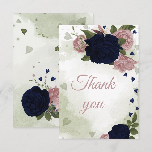 Tarjeta De Agradecimiento flores azul marino y rosa bonito (Anverso / Reverso)