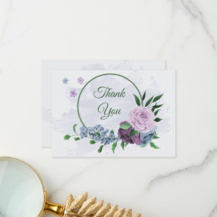 Tarjeta De Agradecimiento Flores azul polvorientas moradas hojas verdes boda