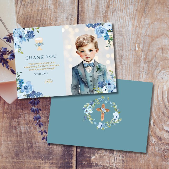 Tarjeta De Agradecimiento Flores azul turbias Primeros chicos de la comunión (Subido por el creador)