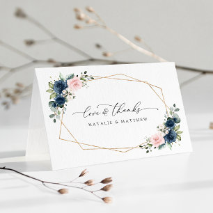 Tarjeta De Agradecimiento Flores azules de la marina, flores rosas, Boda flo