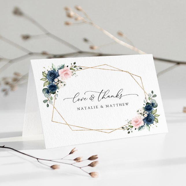 Tarjeta De Agradecimiento Flores azules de la marina, flores rosas, Boda flo (Subido por el creador)