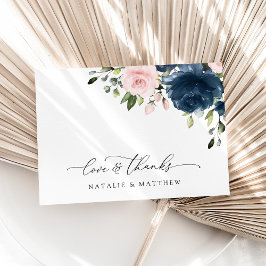 Tarjeta De Agradecimiento Flores azules de la marina, flores rosas, Boda flo